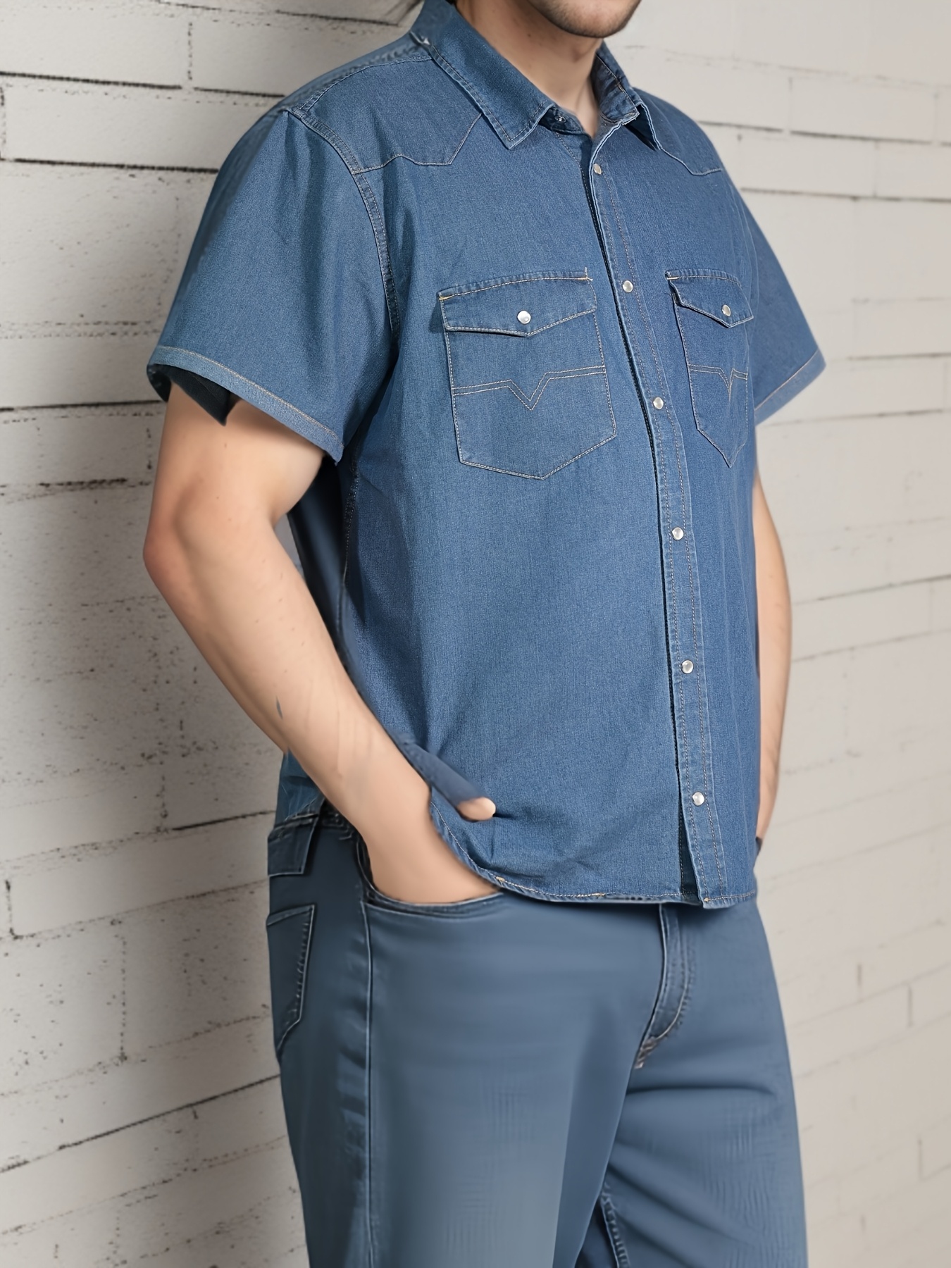 Chemise non extensible en denim vintage à manches courtes avec col à revers – Image 4