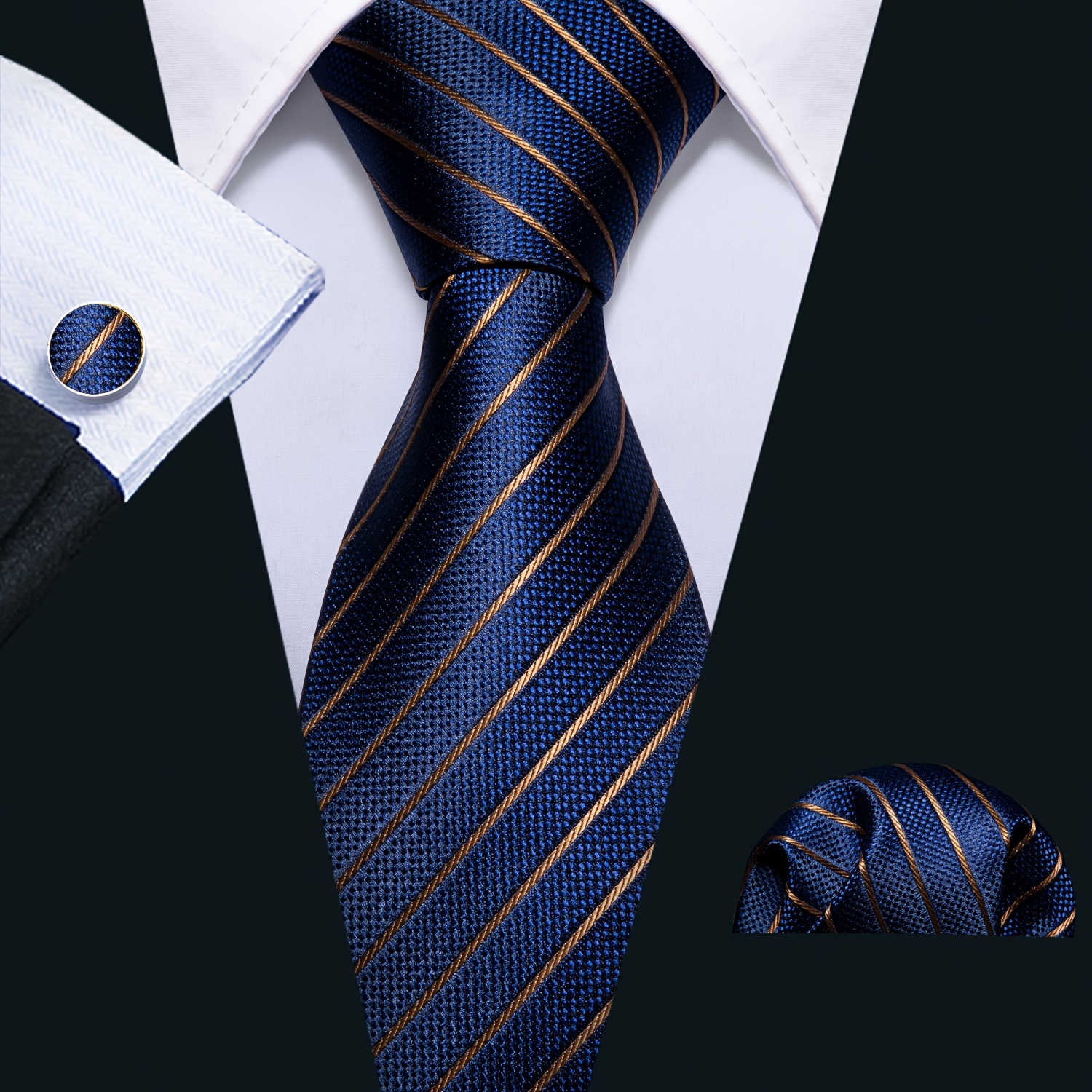 Ensemble cravate en soie + mouchoir + boutons de manchette avec design à rayures jacquard