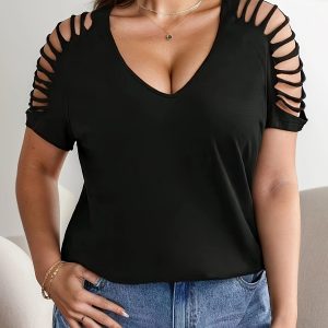 Top chic à col V à manches courtes avec détail de découpe