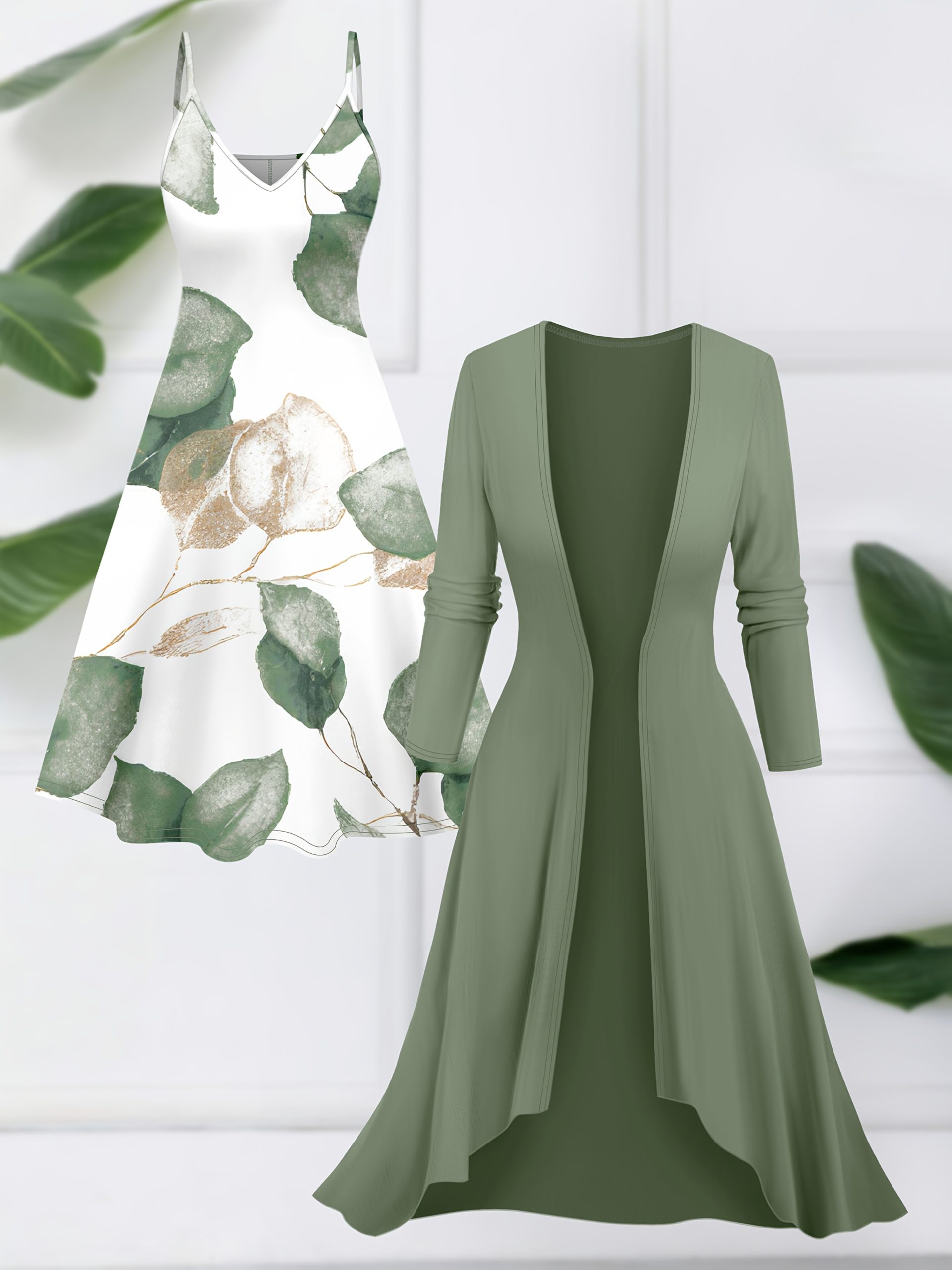 Ensemble robe imprimée à bretelles spaghetti & cardigan long élégant – Image 7