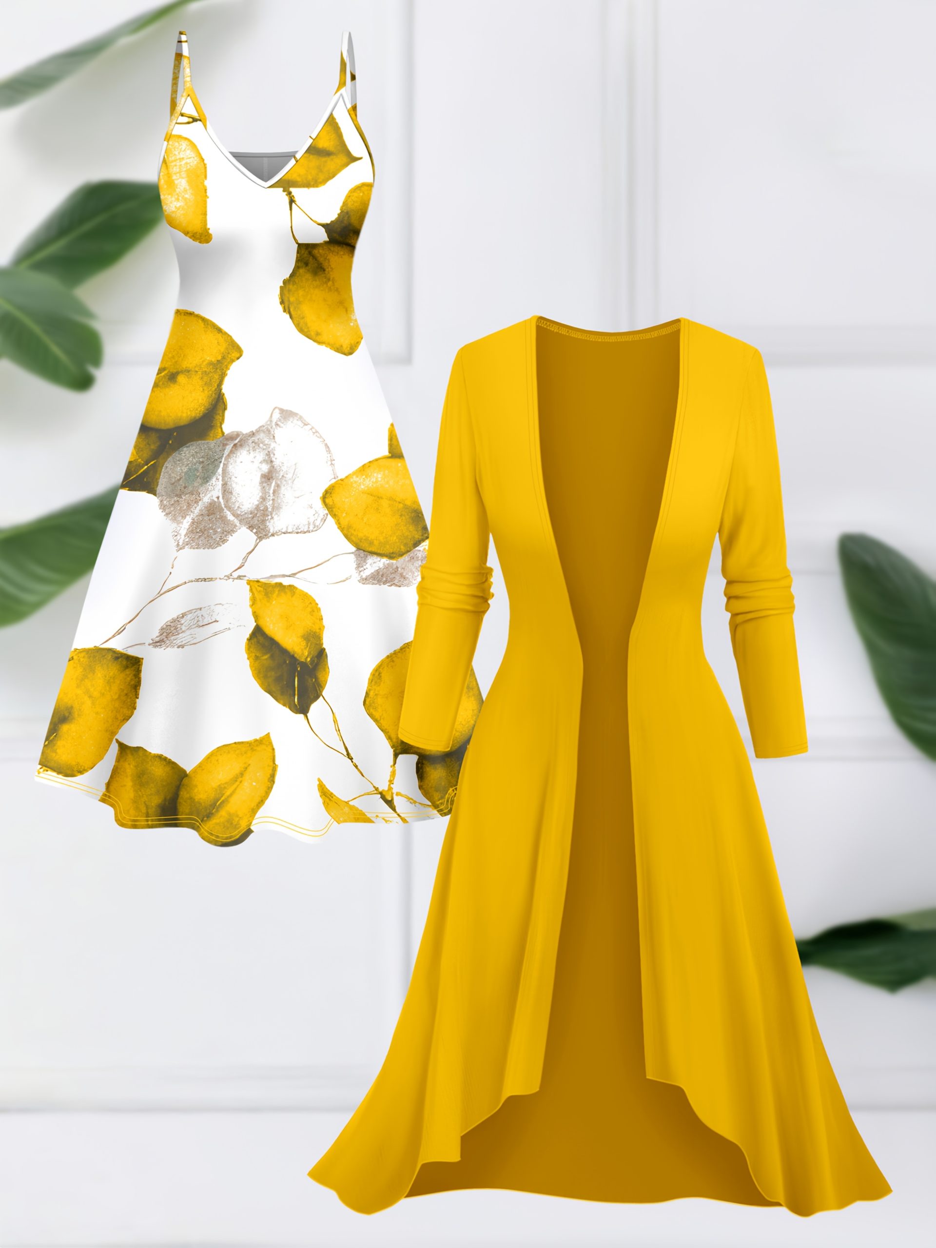 Ensemble robe imprimée à bretelles spaghetti & cardigan long élégant – Image 8