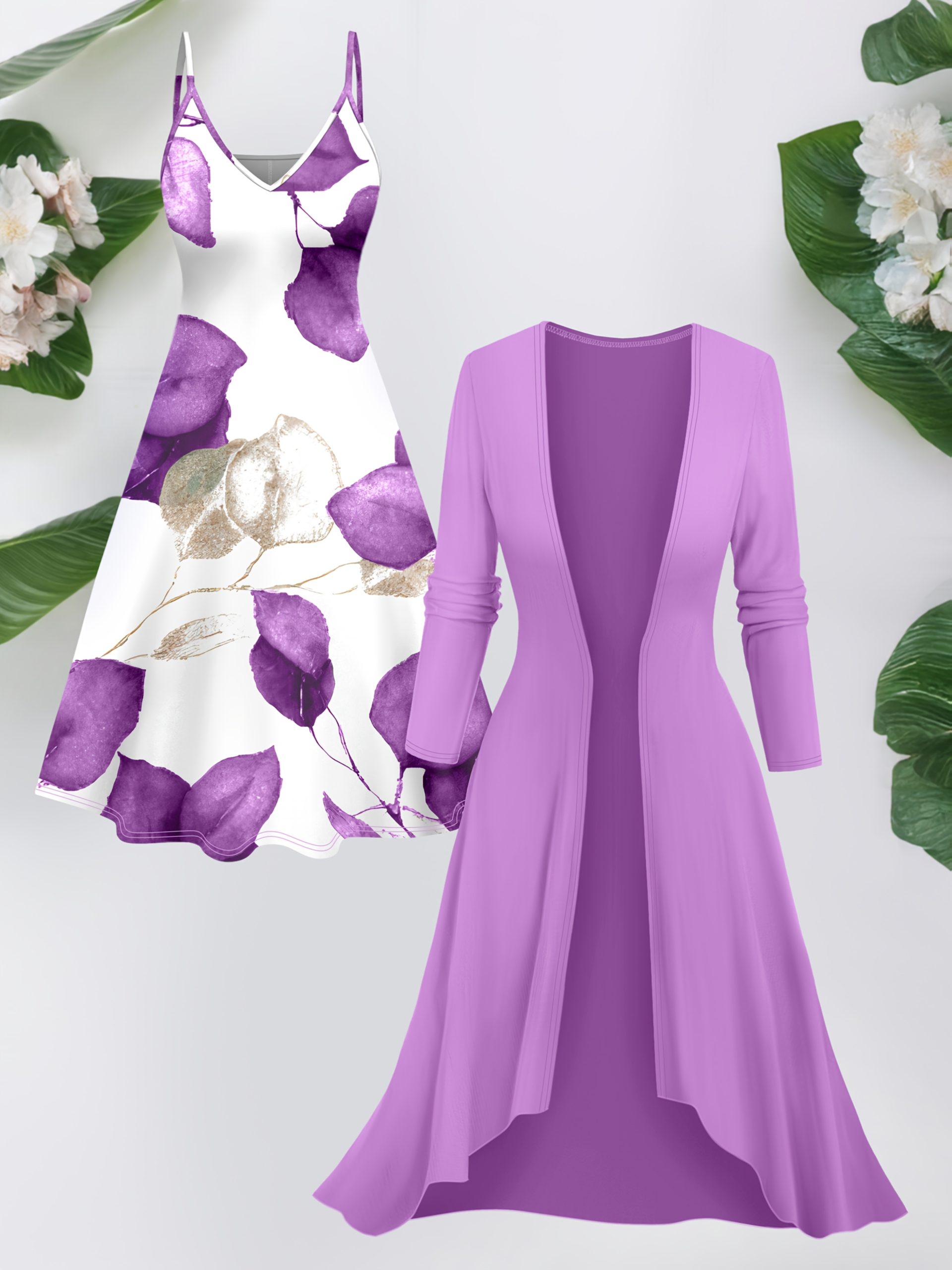 Ensemble robe imprimée à bretelles spaghetti & cardigan long élégant – Image 3