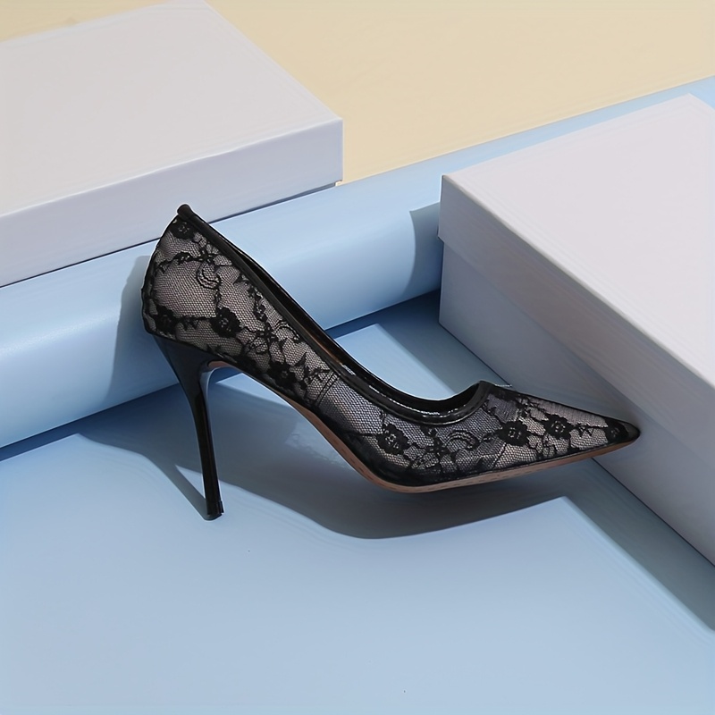 Escarpins en dentelle noir & maille à talons aiguilles ultra-hautes à bout pointu – Image 2