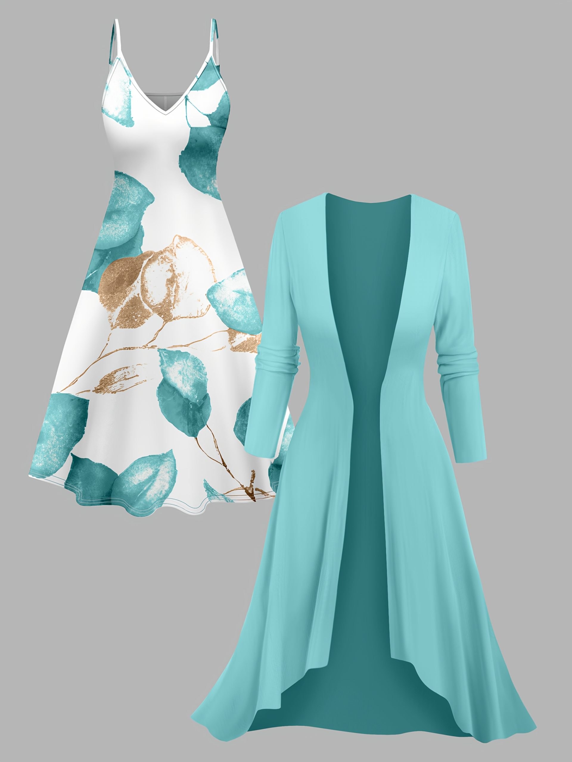 Ensemble robe imprimée à bretelles spaghetti & cardigan long élégant – Image 10