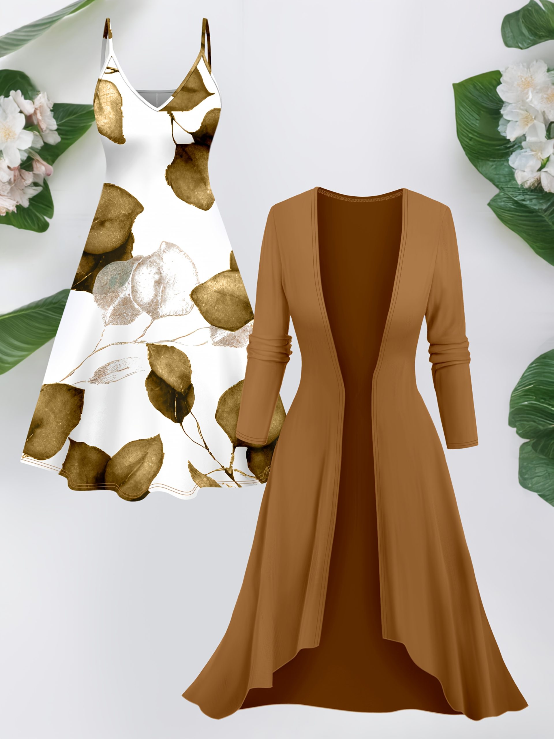 Ensemble robe imprimée à bretelles spaghetti & cardigan long élégant – Image 6