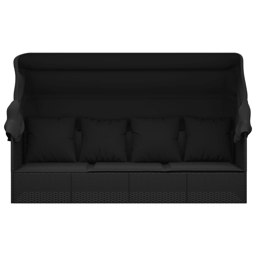 Lit de salon d'extérieur en résine tressée avec coussins noirs – Image 4