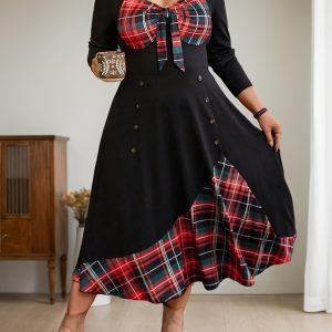 Robe ajustée & évasée avec ourlet trapèze à carreaux à manches longues