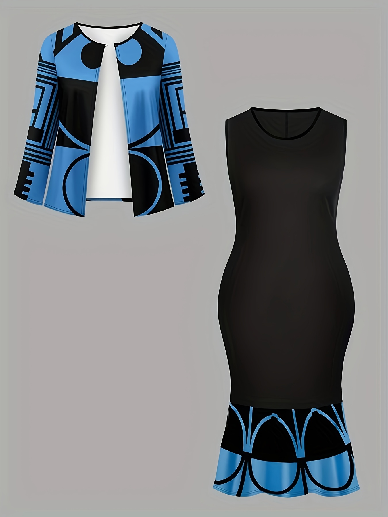 Ensemble élégant avec manteau à manches longues imprimé & robe à col rond – Image 3