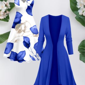 Ensemble robe imprimée à bretelles spaghetti & cardigan long élégant