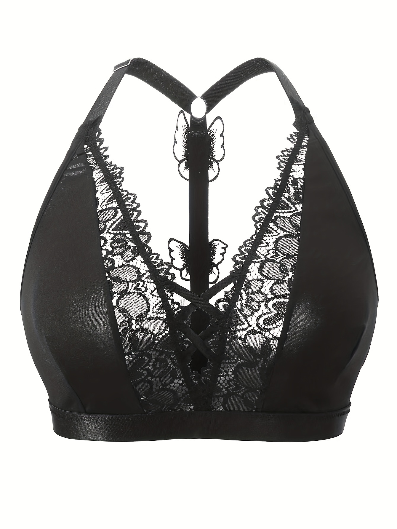 Soutien gorge érotique à licou bretelles croisées avec coutures en dentelle & détails papillon – Image 4