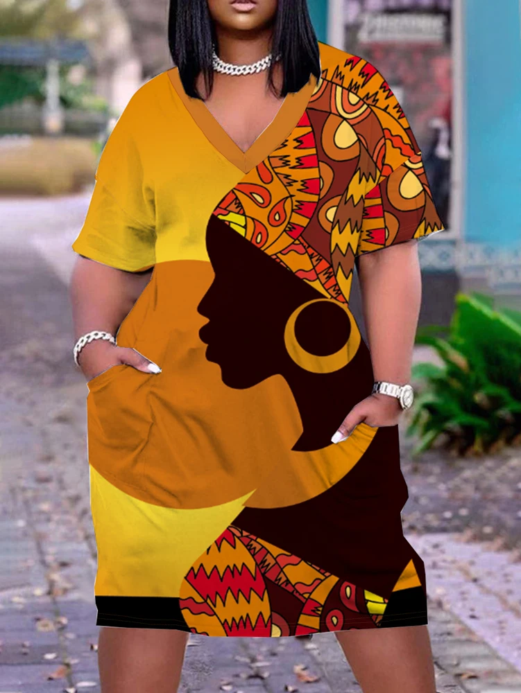 Robe à col V à manches courtes imprimé portrait 3D