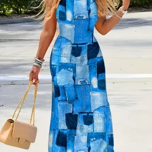 Robe longue à col V imprimé blocs de couleur