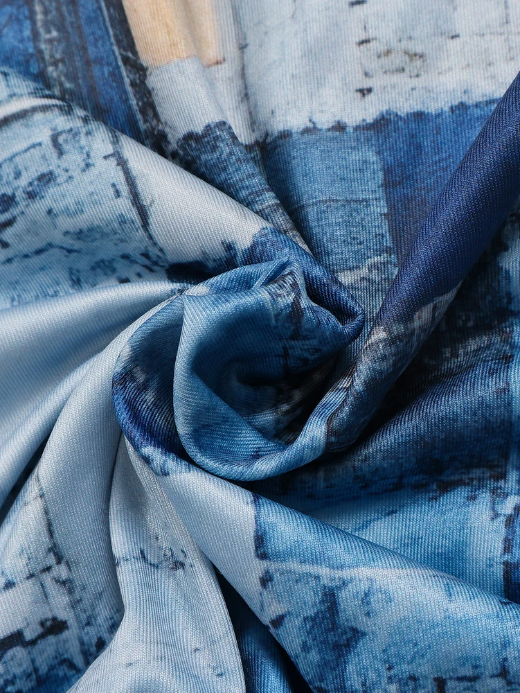 Robe à col V imprimé blocs de couleur effet denim – Image 5