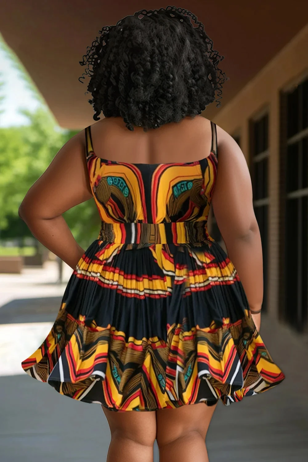 Robe courte à col V à bretelles imprimé africain ankara multicolore – Image 2