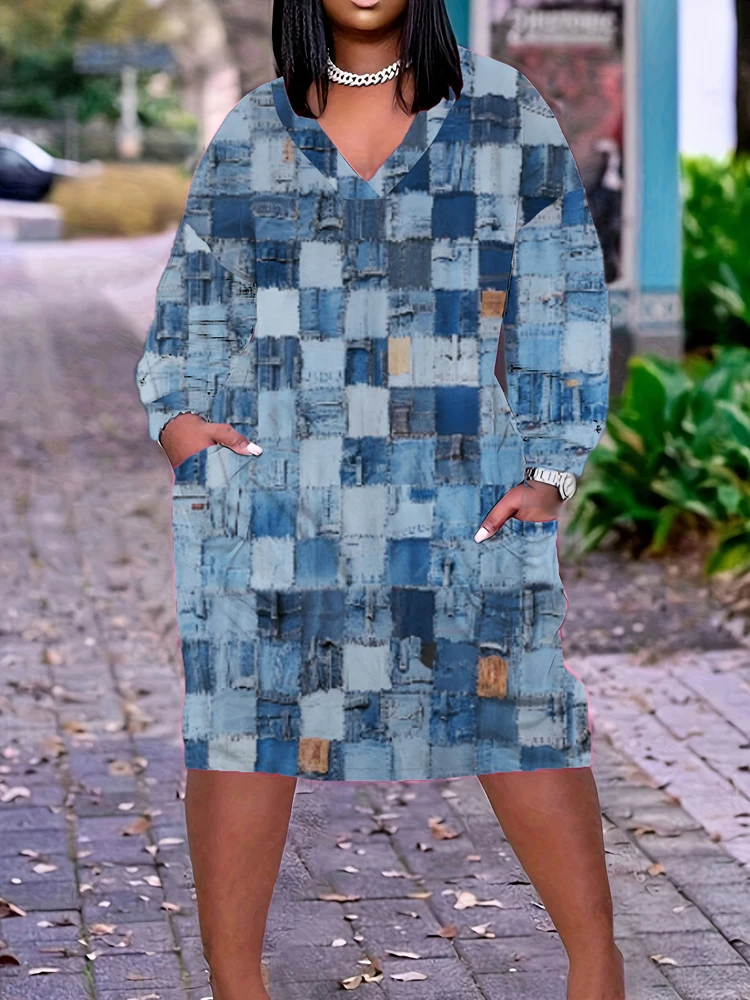 Robe à col V imprimé blocs de couleur effet denim
