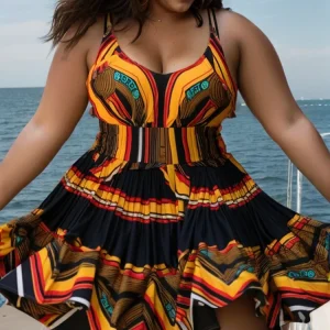 Robe courte à col V à bretelles imprimé africain ankara multicolore