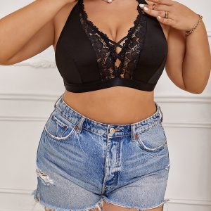 Soutien gorge érotique à licou bretelles croisées avec coutures en dentelle & détails papillon