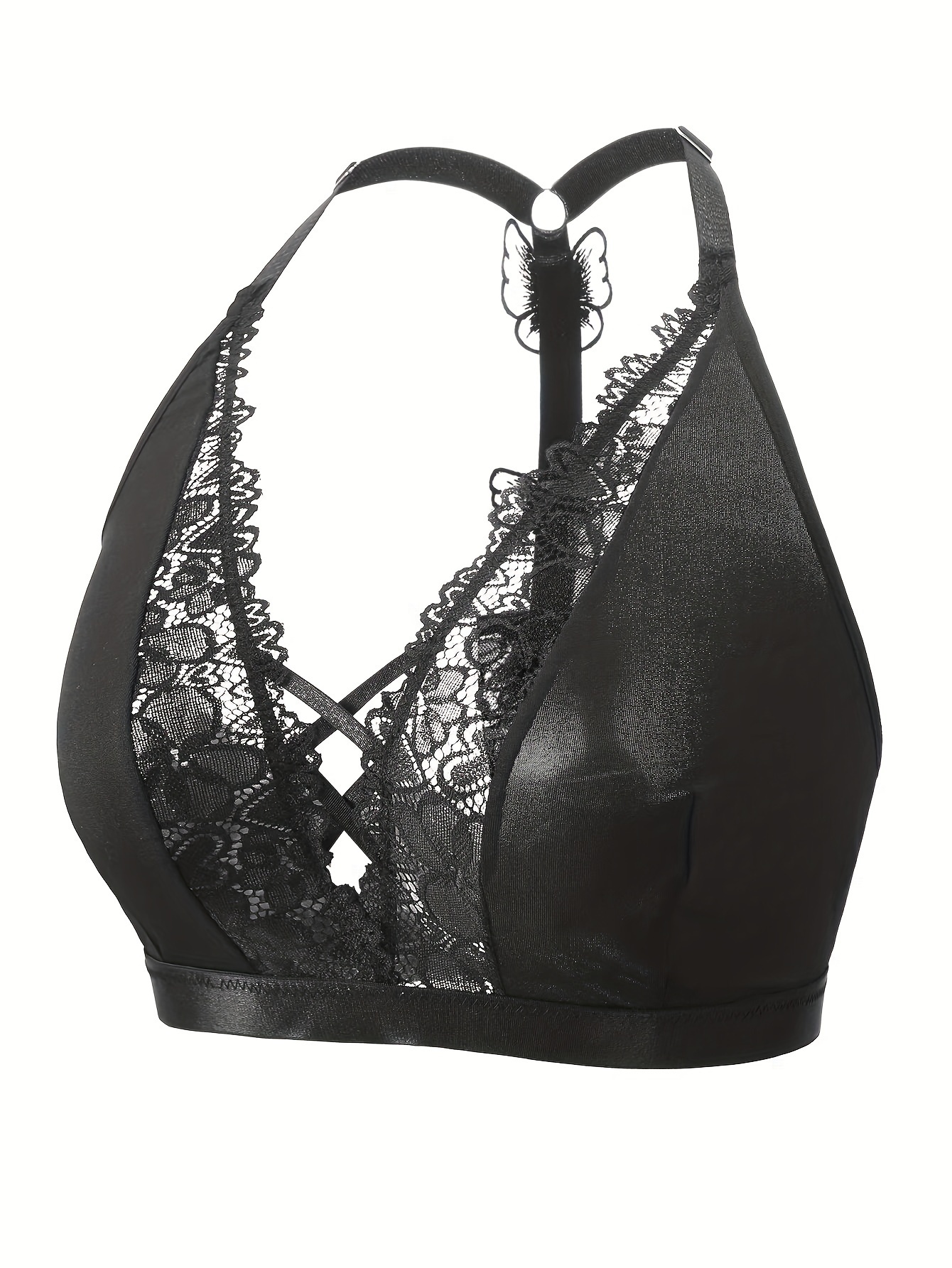 Soutien gorge érotique à licou bretelles croisées avec coutures en dentelle & détails papillon – Image 10