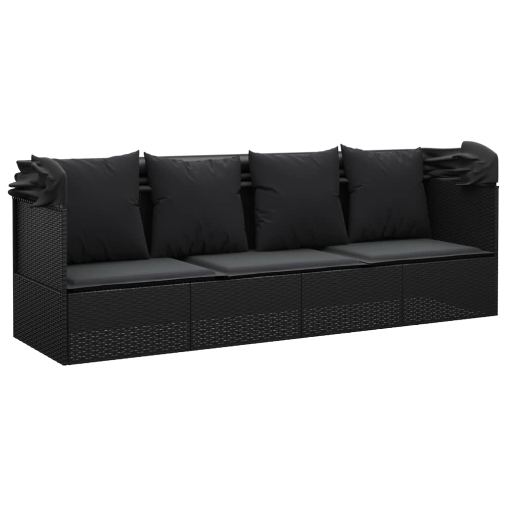 Lit de salon d'extérieur en résine tressée avec coussins noirs – Image 7