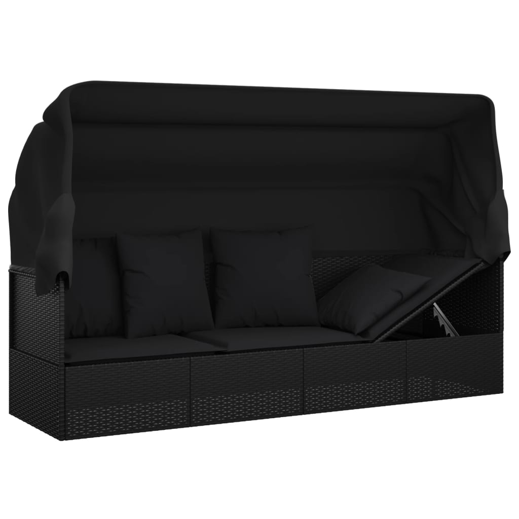 Lit de salon d'extérieur en résine tressée avec coussins noirs – Image 9