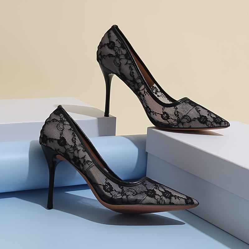 Escarpins en dentelle noir & maille à talons aiguilles ultra-hautes à bout pointu