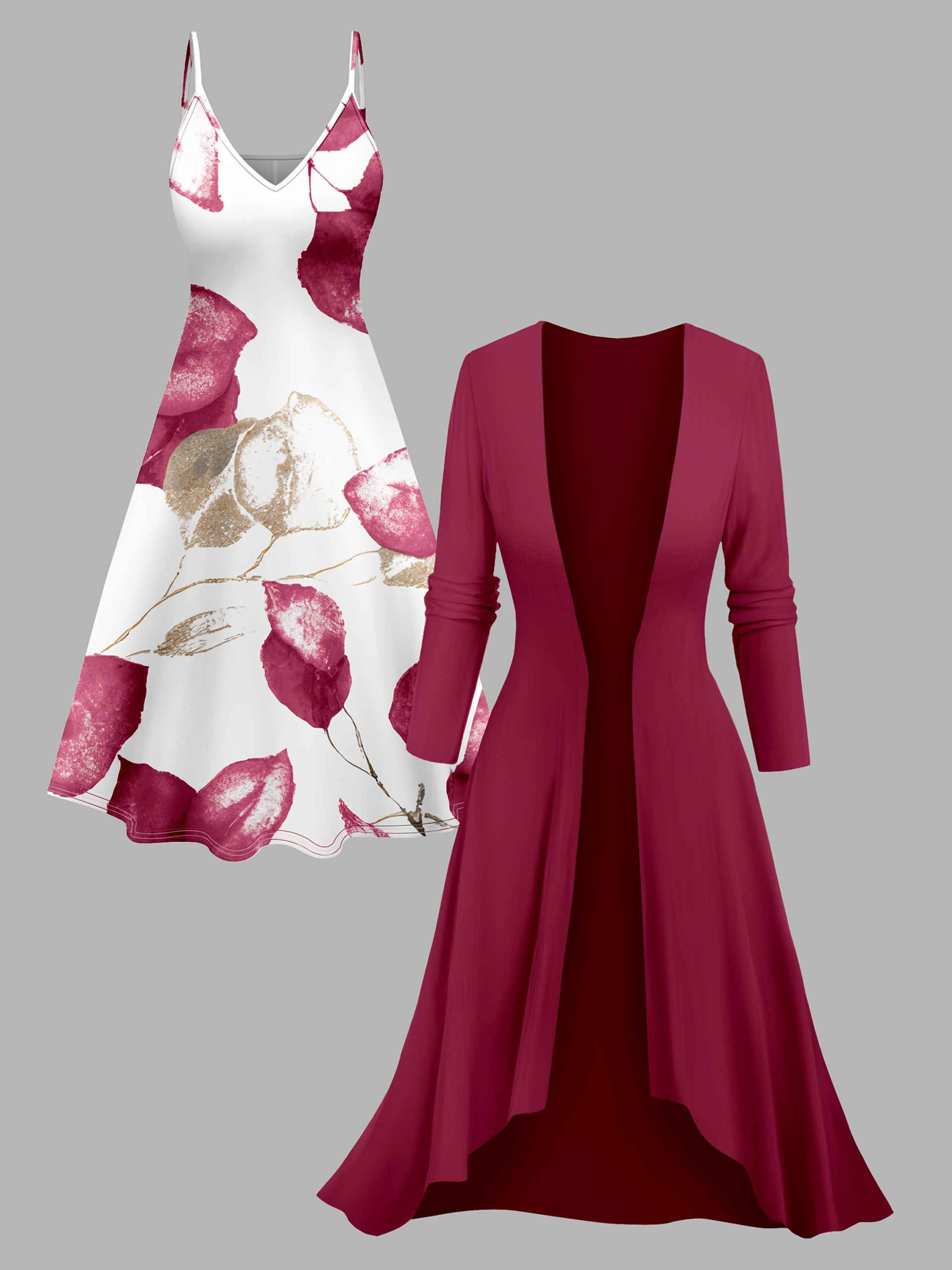 Ensemble robe imprimée à bretelles spaghetti & cardigan long élégant – Image 11
