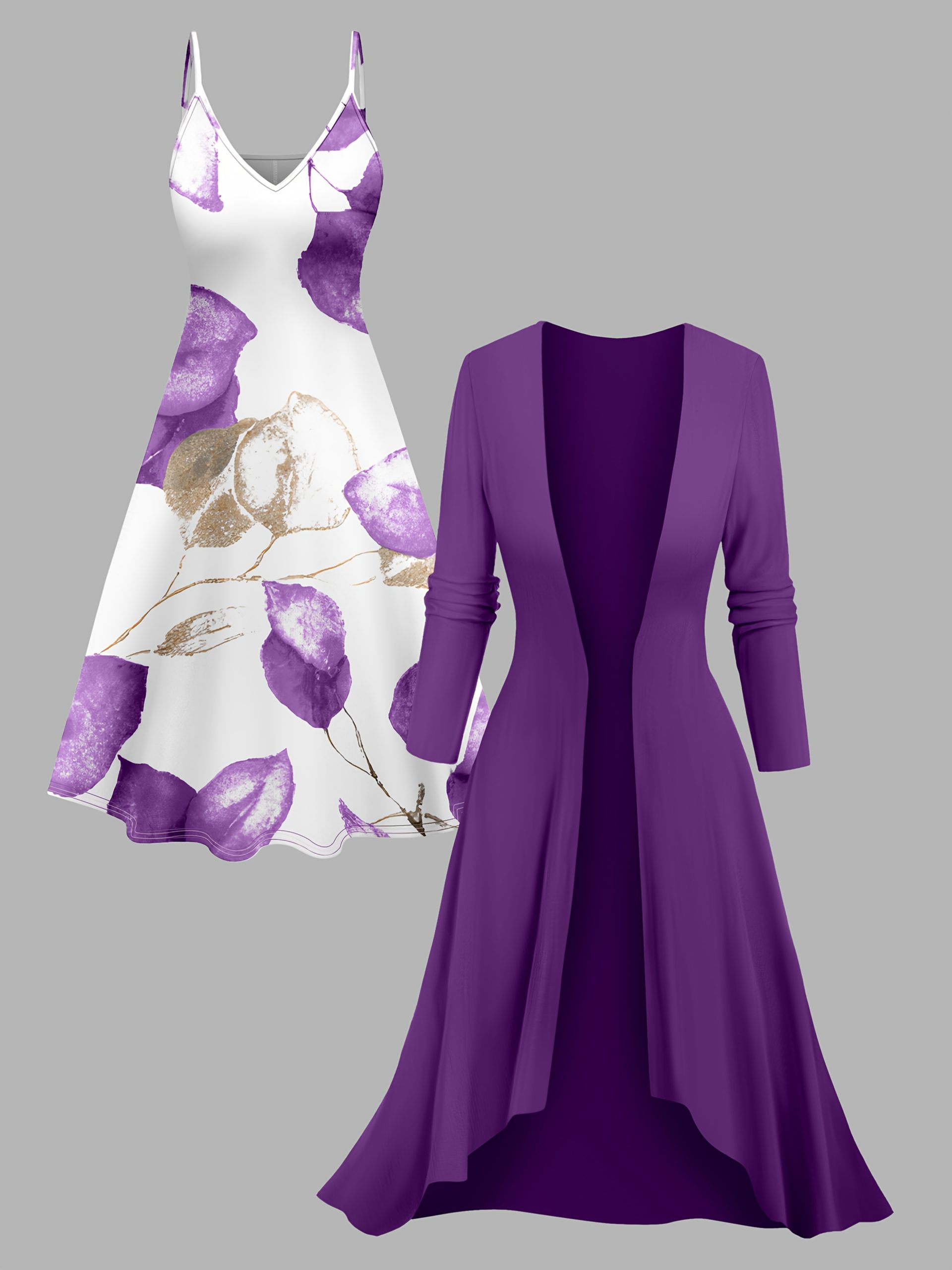 Ensemble robe imprimée à bretelles spaghetti & cardigan long élégant – Image 2