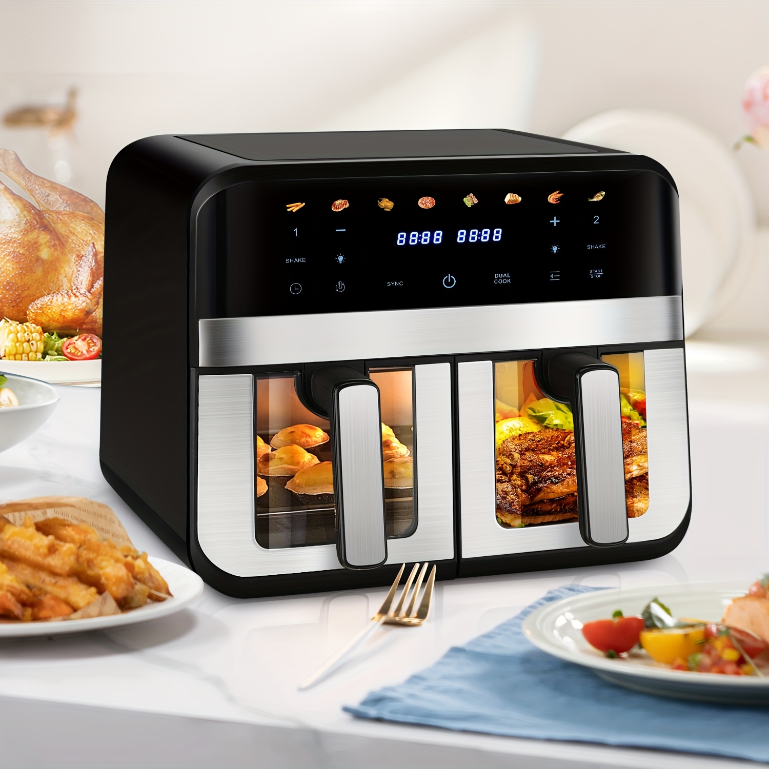 Friteuse à air double zone de 9L avec fenêtre de visualisation avec écran tactile & affichage LED – Image 2