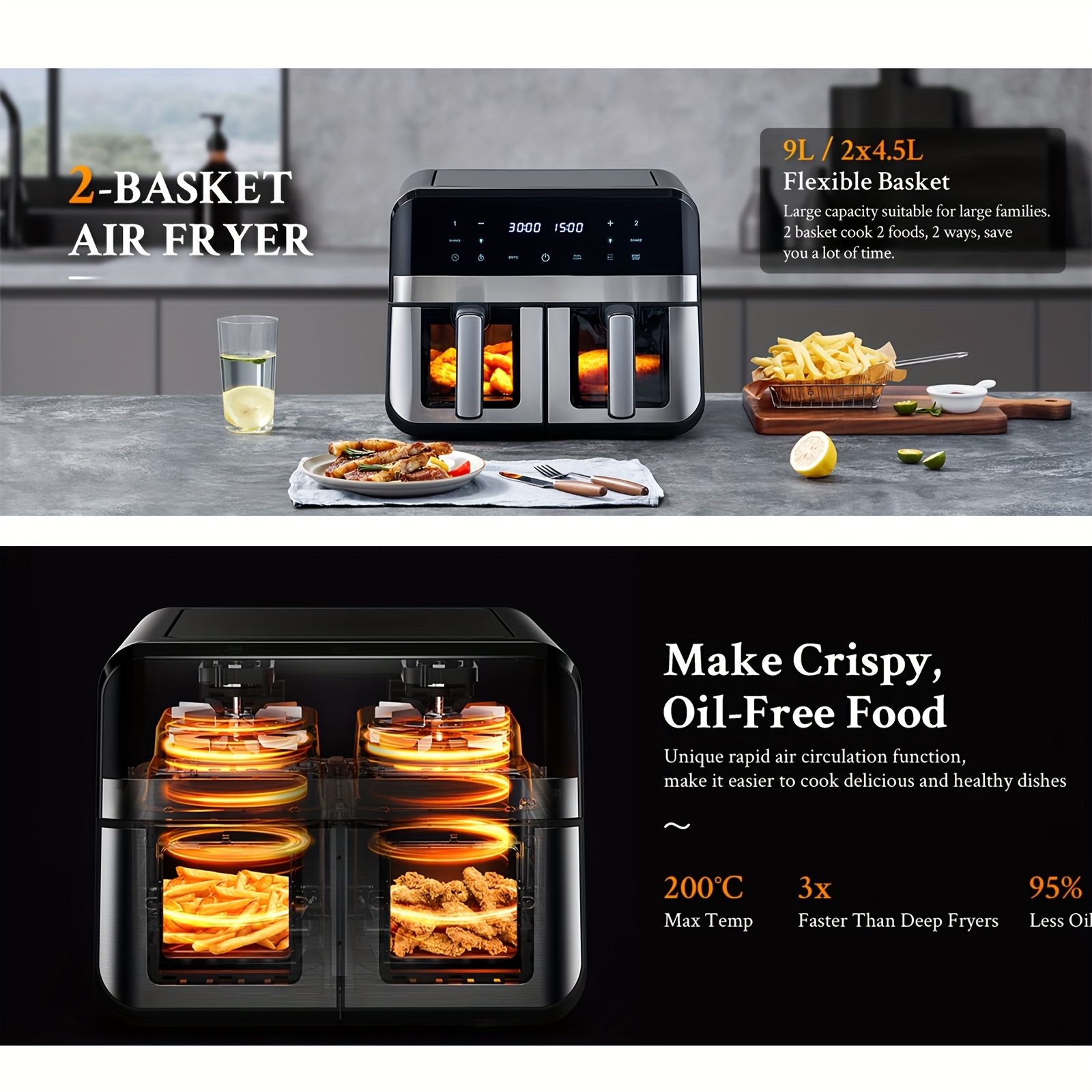 Friteuse à air double zone de 9L avec fenêtre de visualisation avec écran tactile & affichage LED – Image 10
