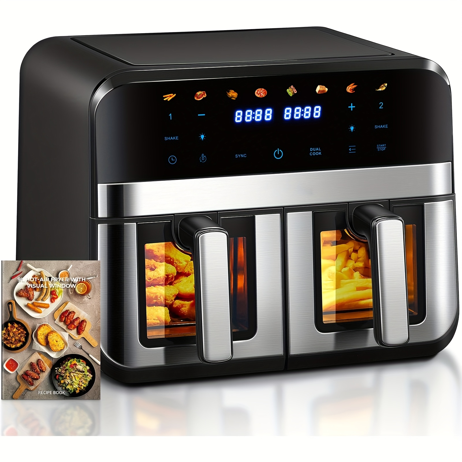 Friteuse à air double zone de 9L avec fenêtre de visualisation avec écran tactile & affichage LED