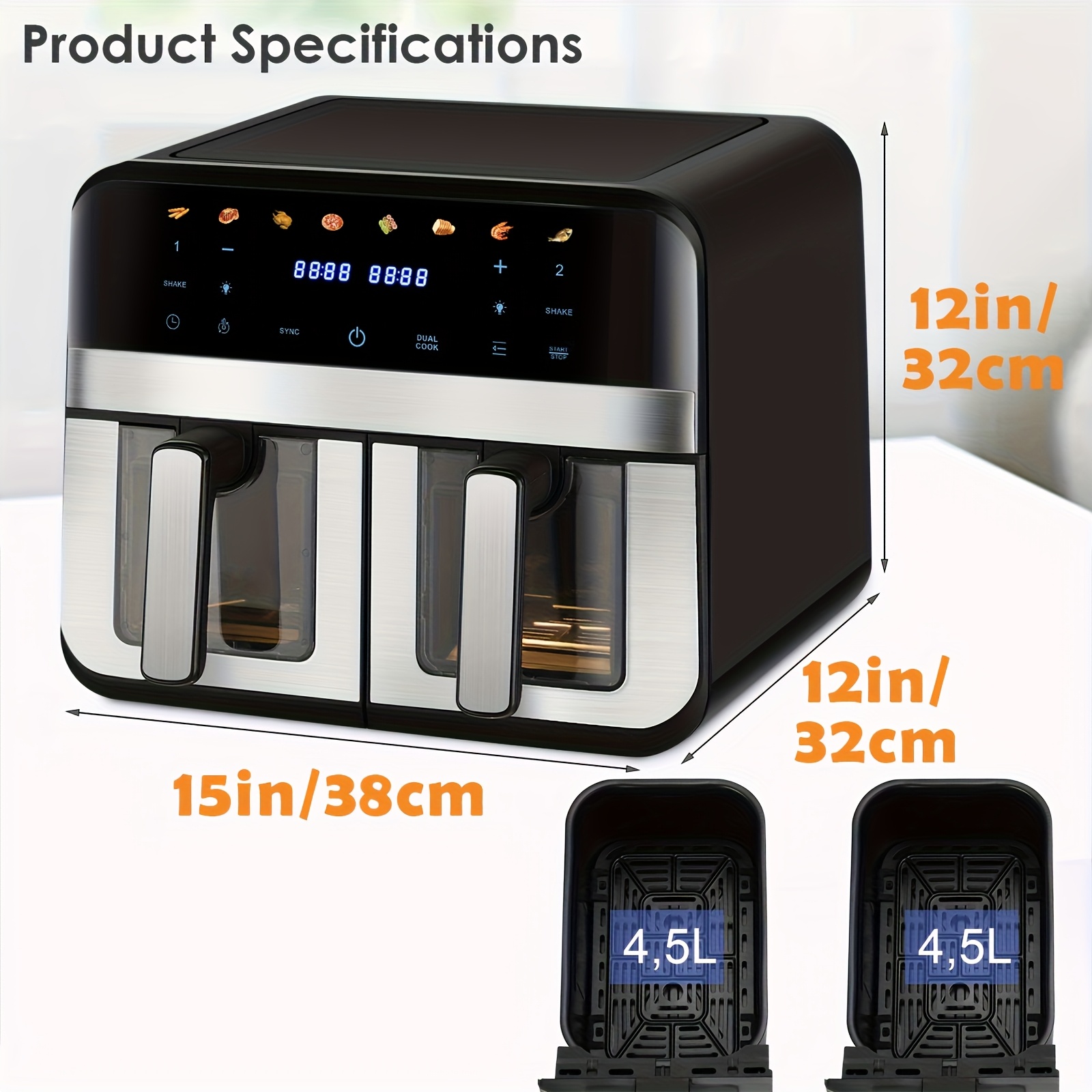 Friteuse à air double zone de 9L avec fenêtre de visualisation avec écran tactile & affichage LED – Image 4