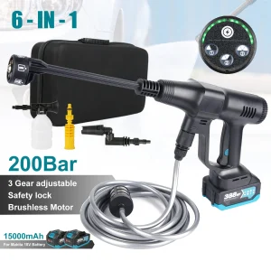 Pistolet de lavage à haute pression sans balai 6 en 1, 200Bar avec batterie 18V