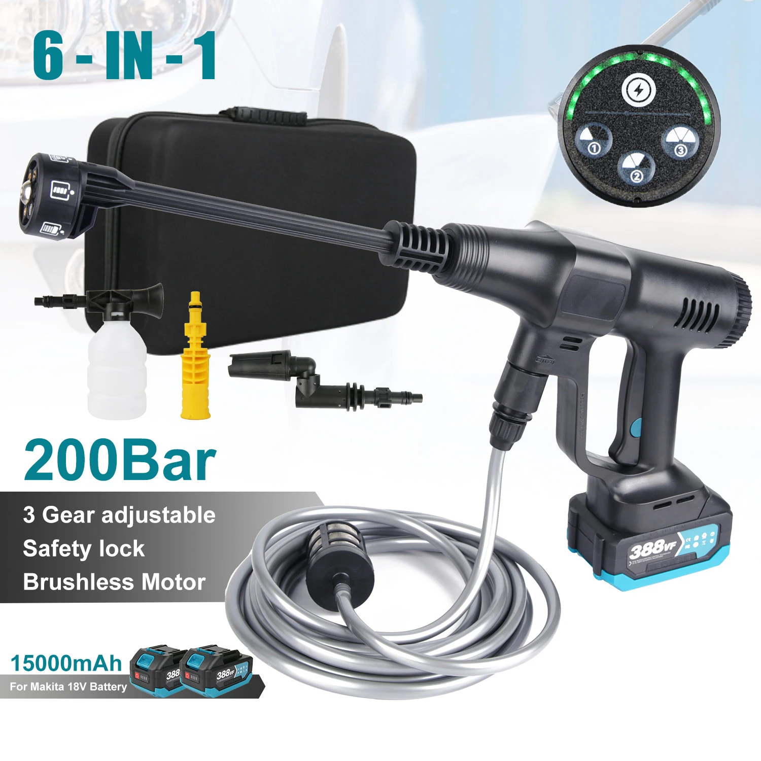 Pistolet de lavage à haute pression sans balai 6 en 1, 200Bar avec batterie 18V