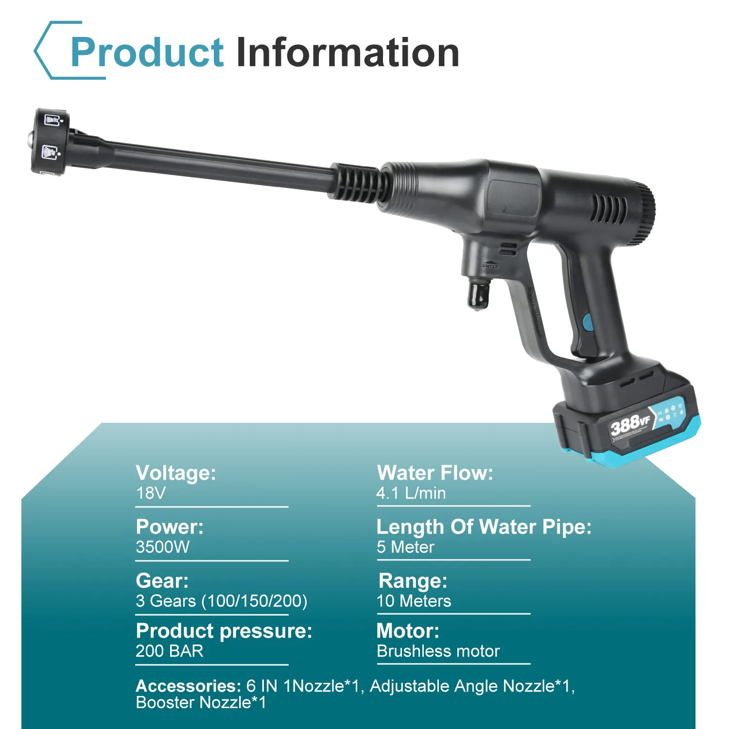 Pistolet de lavage à haute pression sans balai 6 en 1, 200Bar avec batterie 18V – Image 6