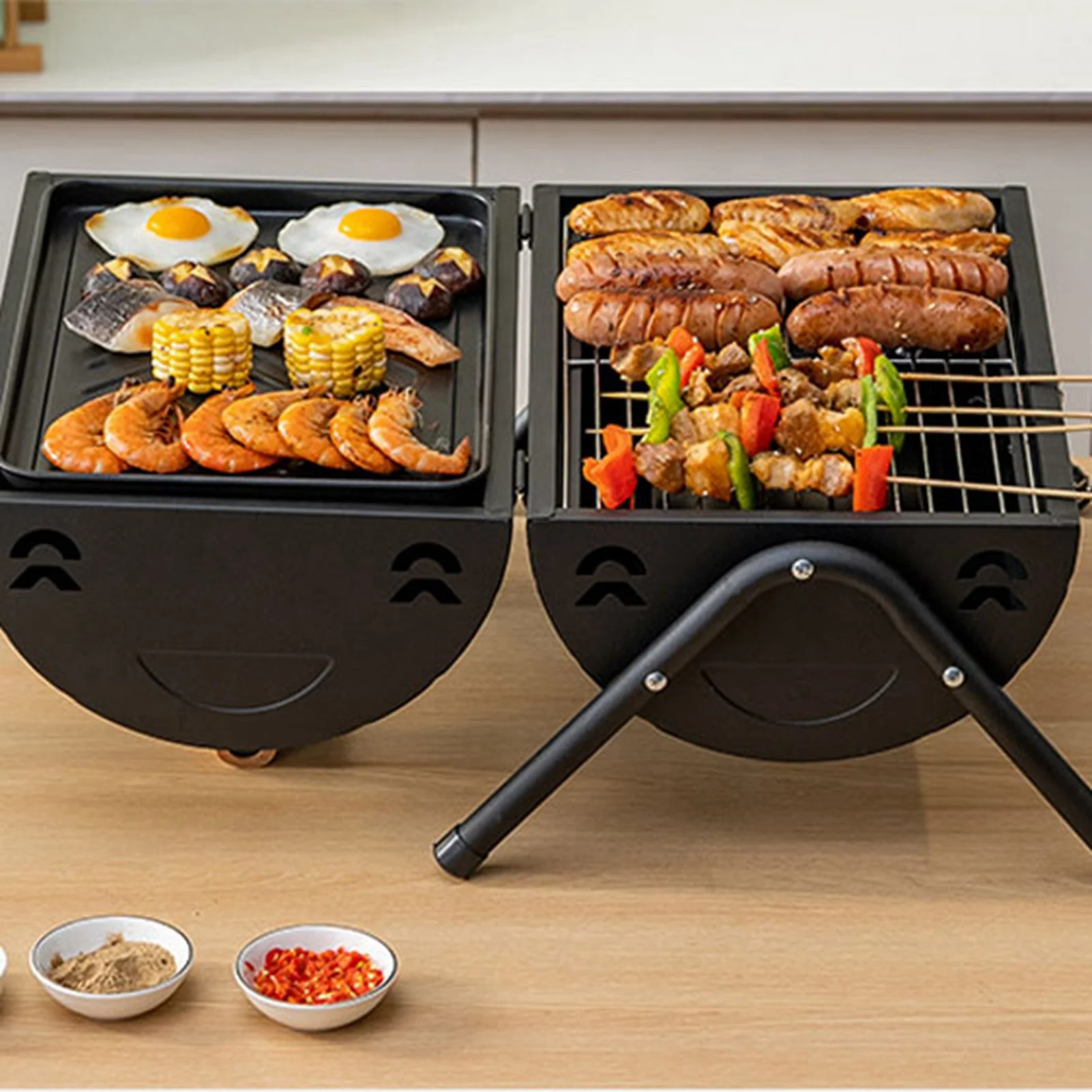 Barbecue à charbon portable en fonte avec poignée en bois – Image 6